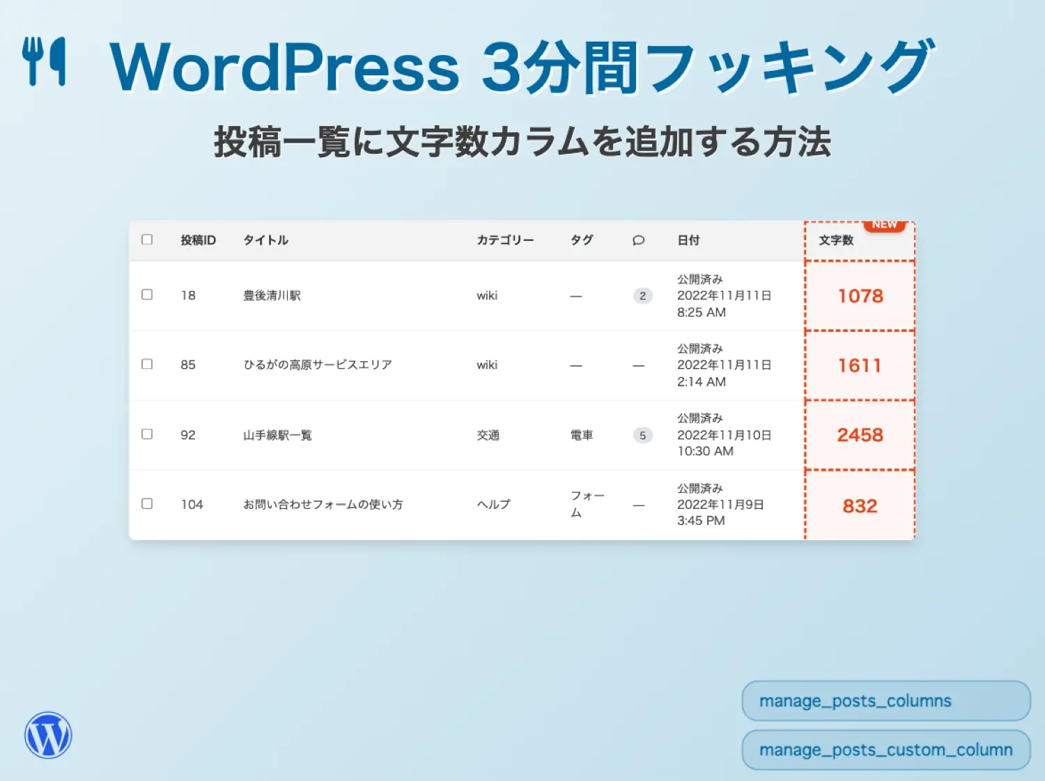 WordPress 3分間フッキング:投稿一覧に文字数カラムを追加する方法