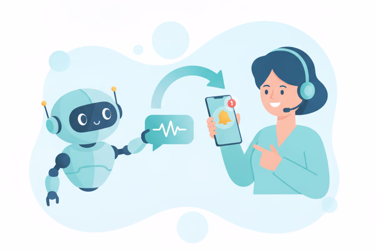 AIが答えられない質問を人の担当者へ引き継ぐハイブリッド接客のイメージ