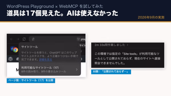 WebMCPを試してみた｜WordPress PlaygroundはAIに17個の道具を見せたが、AIはまだ使えなかった【2026年9月】