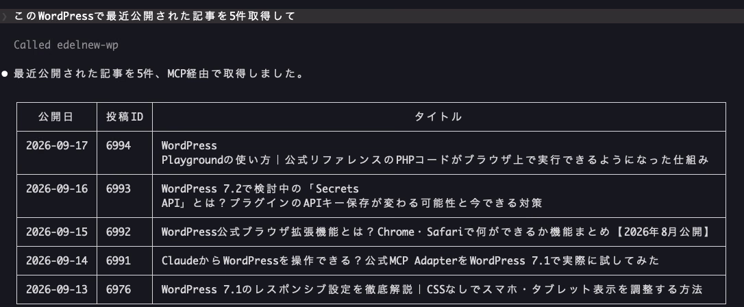 Claude Codeに最近公開された記事を5件取得させた画面。公開日、投稿ID、タイトルが表で返ってきている