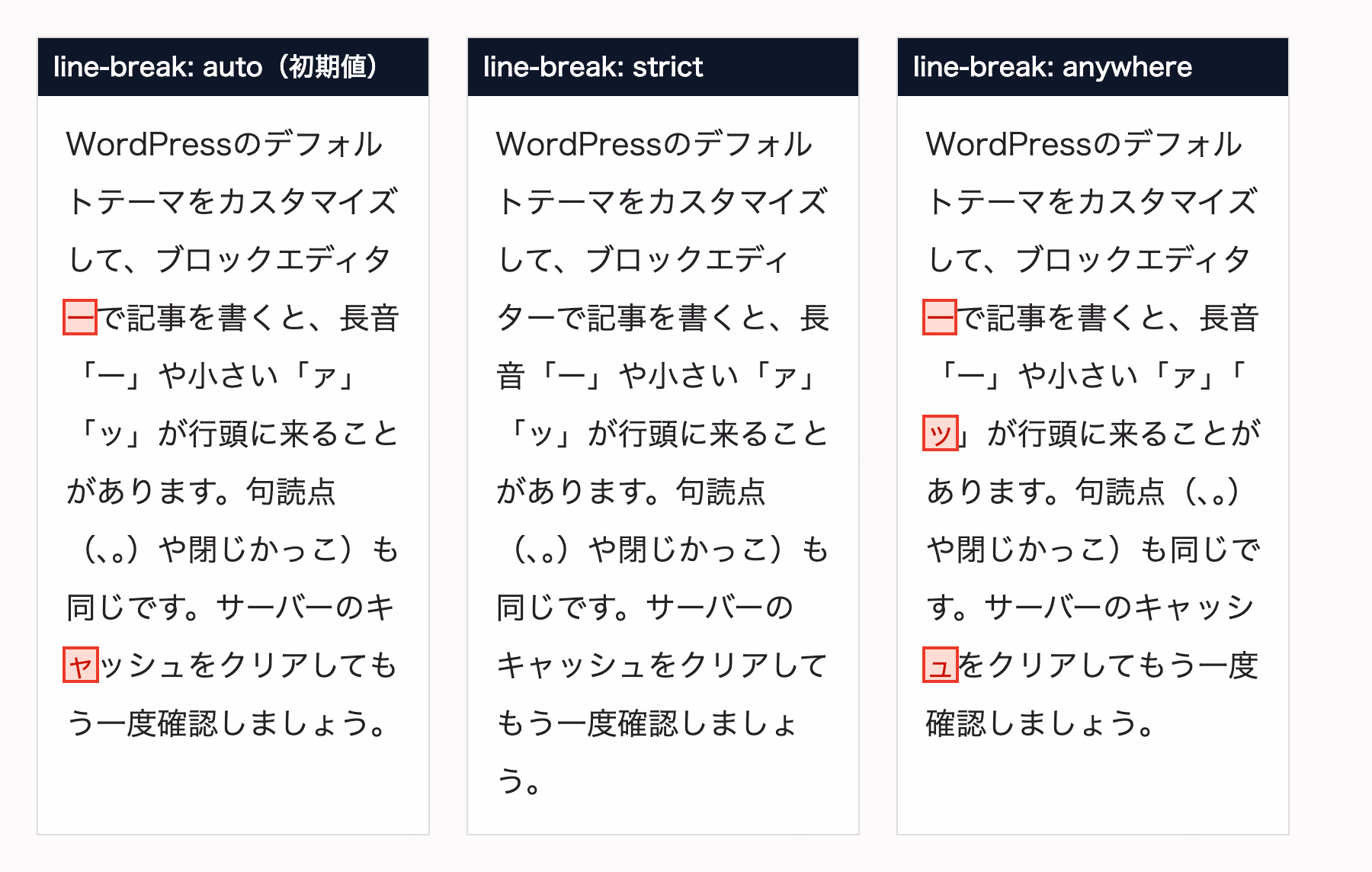 同じ文章をline-breakのauto、strict、anywhereで表示した比較。autoでは「ー」「ャ」、anywhereでは「ー」「ッ」「ュ」が行頭に来ており、strictでは行頭に来ていない