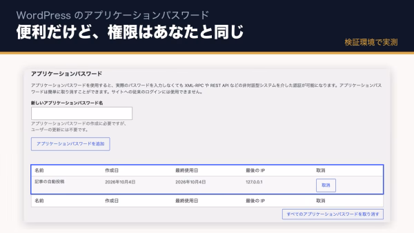 WordPressのアプリケーションパスワードとは？使い方と危険性、管理者で発行しないほうがいい理由【7.2の改善予定も】