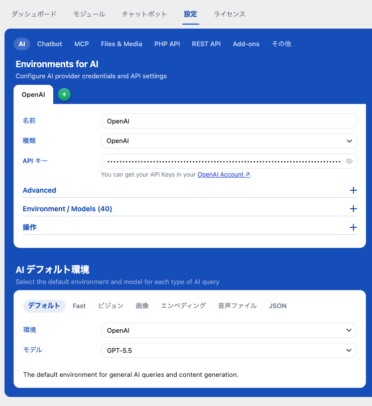 AI Engine無料版の設定画面（APIキー設定・日英混在のUI）