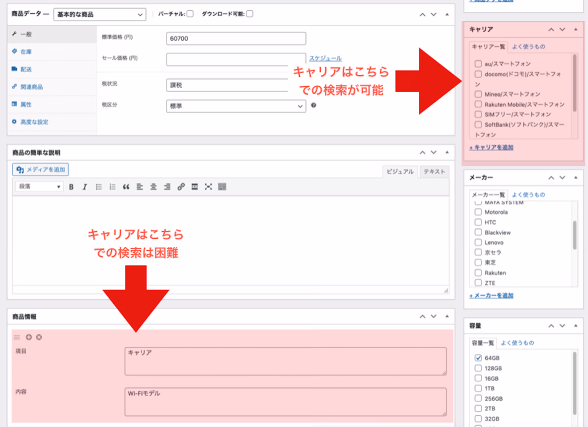 同じ「キャリア」でも、タクソノミーとして登録されていれば検索可能、商品情報のカスタムフィールドだと検索困難という、データ構造の不揃いを示すWooCommerceの管理画面