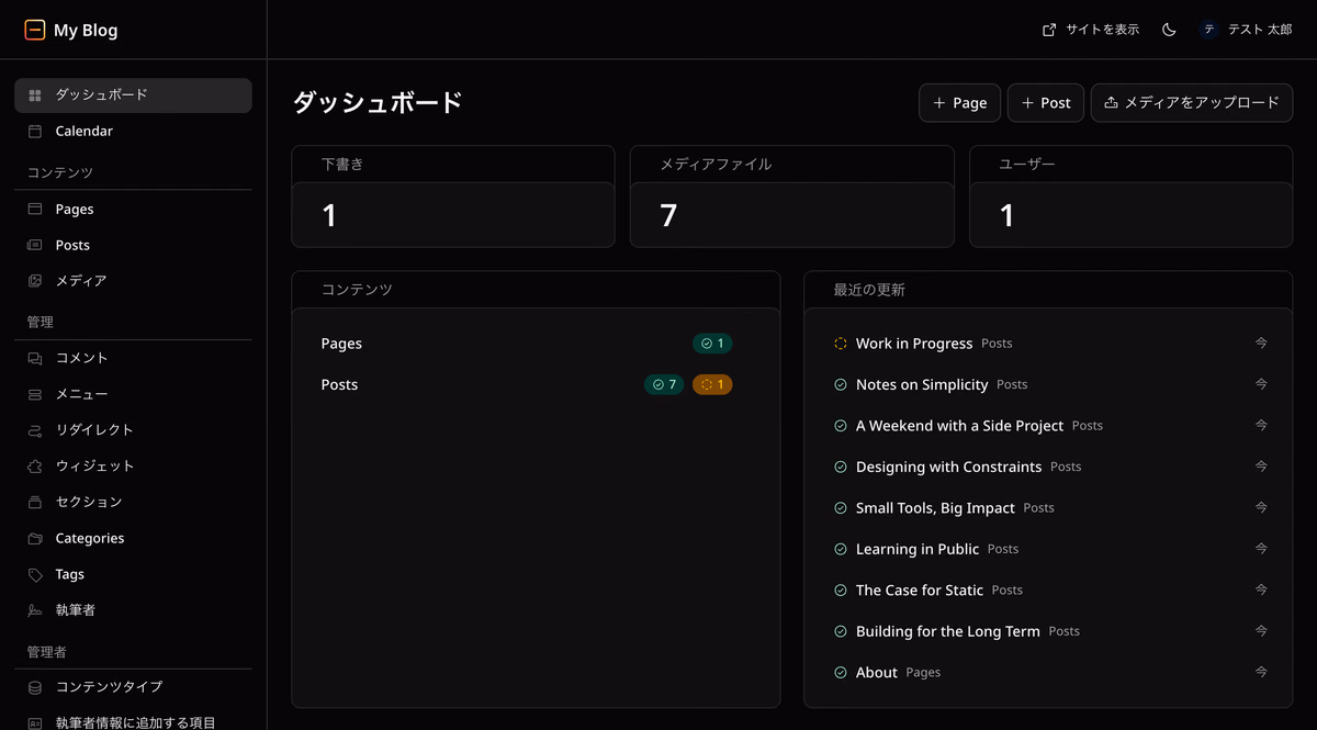 EmDash 1.1.0の管理画面のダッシュボード。メニューはほぼ日本語で、CalendarやPostsなど一部が英語のまま