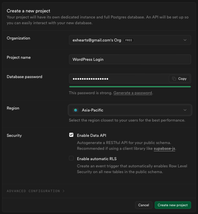 Supabase Project Creation Screen