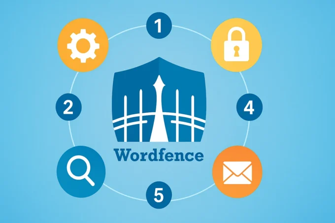 Wordfence Securityで最初に設定すべき5つの項目を示すインフォグラフィック